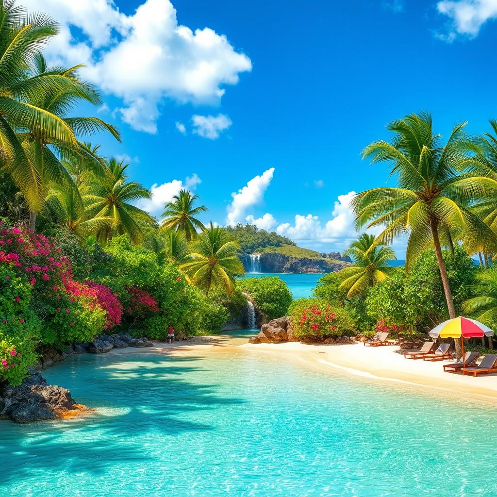 A stunning paradise landscape featuring a turquoise lagoon surrounded by lush tropical greenery, vibrant flowers in various colors, and a clear blue sky dotted with fluffy white clouds