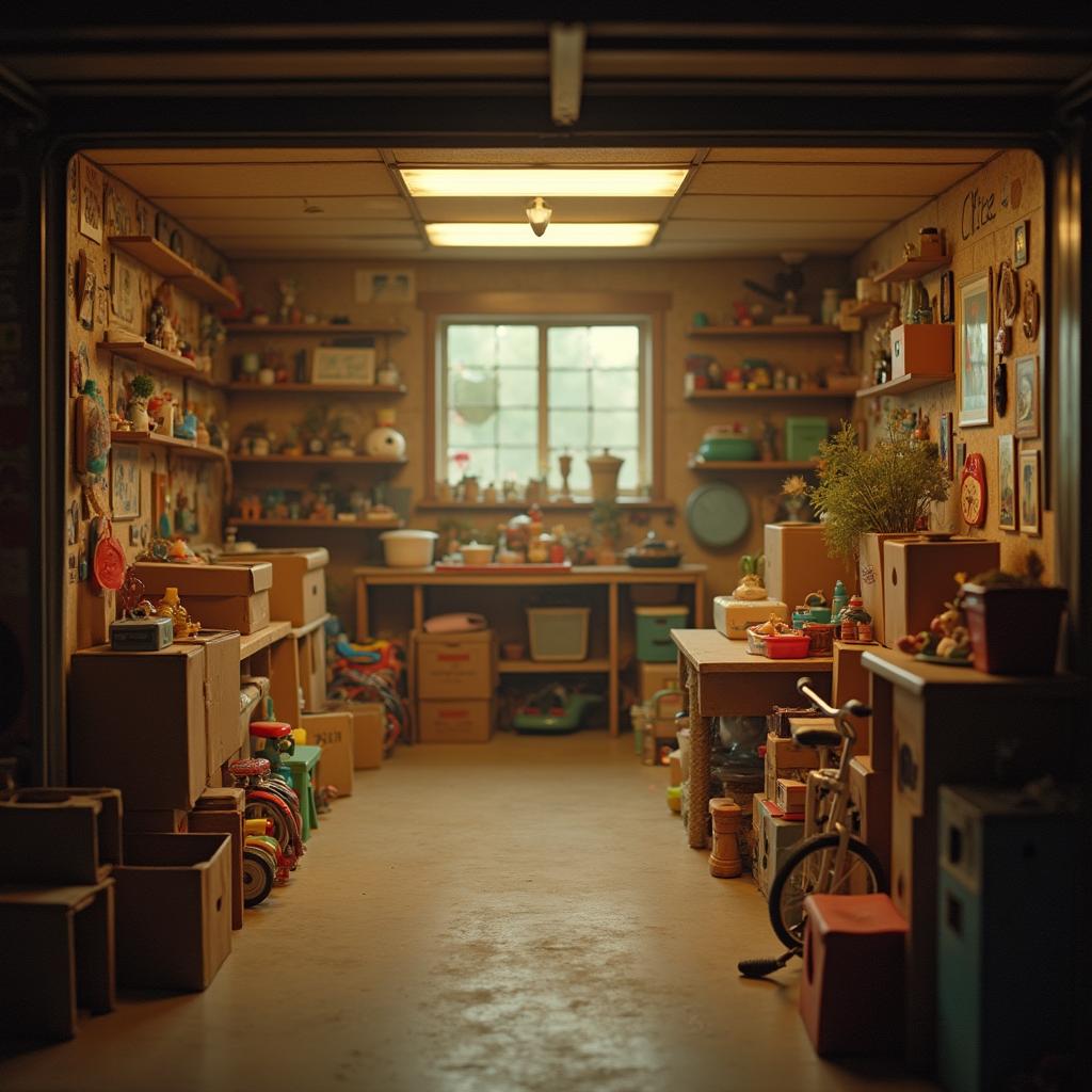 Cozy cinematic shot of a 1980s-style garage filled with cardboard boxes and various family items, evoking a sense of nostalgia