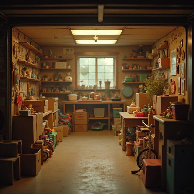 Cozy cinematic shot of a 1980s-style garage filled with cardboard boxes and various family items, evoking a sense of nostalgia