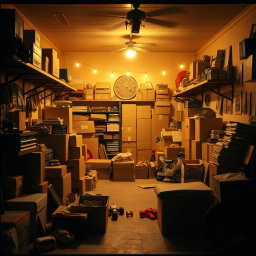 A cozy cinematic view of a 1980s garage, filled with cardboard boxes and various family belongings