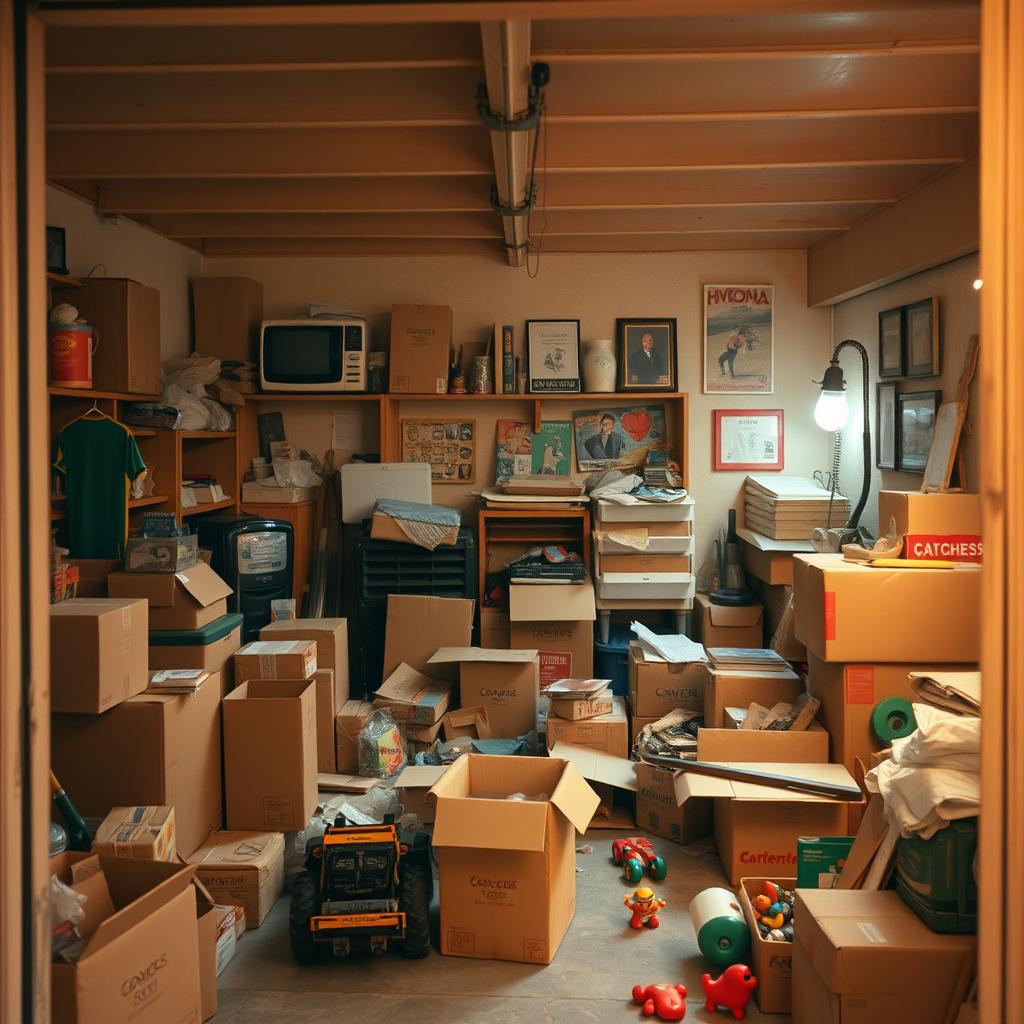 A cozy cinematic view of a 1980s garage, filled with cardboard boxes and various family belongings
