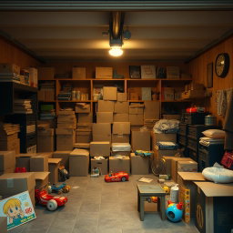 A cozy cinematic view of a 1980s garage, filled with cardboard boxes and various family belongings