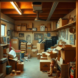 A cozy cinematic view of a 1980s garage, filled with cardboard boxes and various family belongings