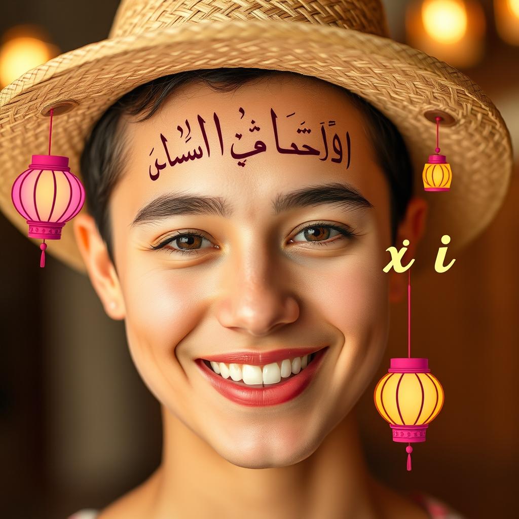 A portrait of a person smiling, their forehead adorned with the Arabic text "تم تعبئة الجبهة بنجاح" in an elegant font