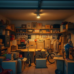 Cozy cinematic shot of a 1980s-style garage filled with cardboard boxes and various family items, creating a sense of nostalgia