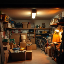 Cozy cinematic shot of a 1980s-style garage filled with cardboard boxes and various family items, creating a sense of nostalgia