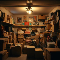 Cozy cinematic shot of a 1980s-style garage filled with cardboard boxes and various family items, creating a sense of nostalgia