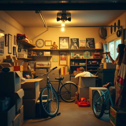 Cozy cinematic shot of a 1980s-style garage filled with cardboard boxes and various family items, creating a sense of nostalgia