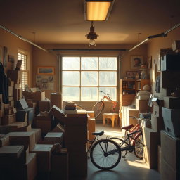 Cozy cinematic view of a 1980s garage featuring large windows, letting in soft, warm sunlight