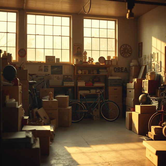 Cozy cinematic view of a 1980s garage featuring large windows, letting in soft, warm sunlight