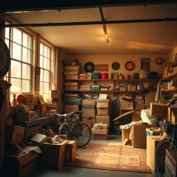 Cozy cinematic view of a 1980s garage featuring large windows, letting in soft, warm sunlight