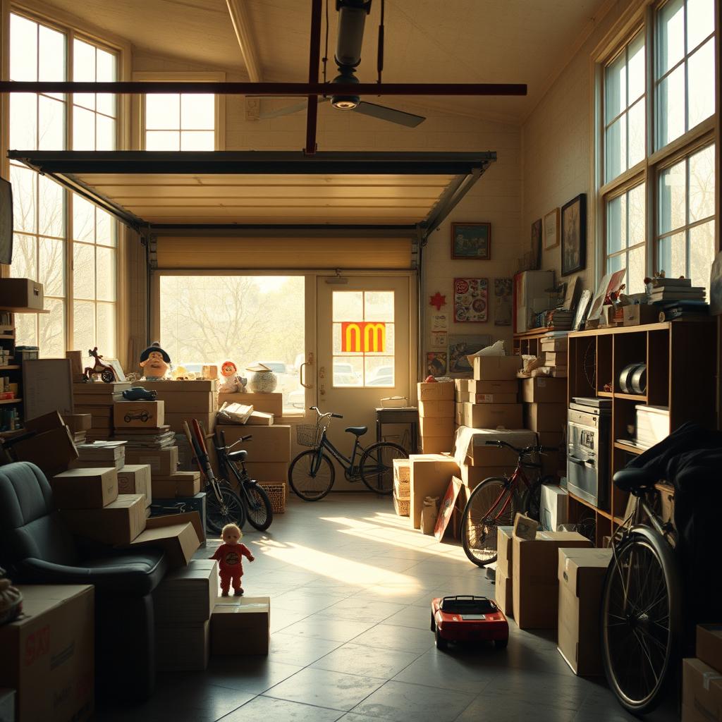 Cozy cinematic view of a 1980s garage featuring large windows, letting in soft, warm sunlight