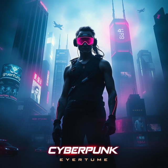 A captivating movie poster for a dark future cyberpunk film, featuring a neon-lit city skyline shrouded in mist