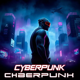 A captivating movie poster for a dark future cyberpunk film, featuring a neon-lit city skyline shrouded in mist