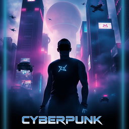 A captivating movie poster for a dark future cyberpunk film, featuring a neon-lit city skyline shrouded in mist