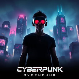 A captivating movie poster for a dark future cyberpunk film, featuring a neon-lit city skyline shrouded in mist