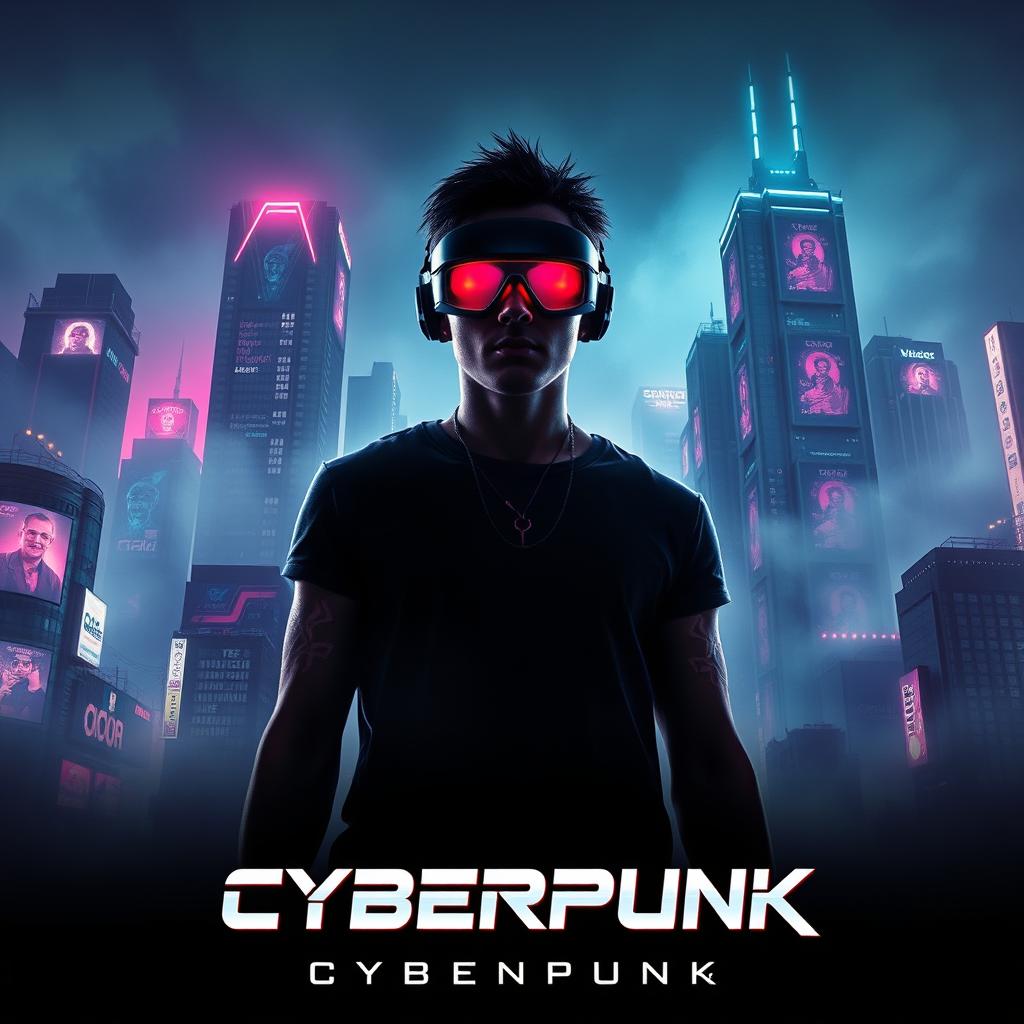 A captivating movie poster for a dark future cyberpunk film, featuring a neon-lit city skyline shrouded in mist