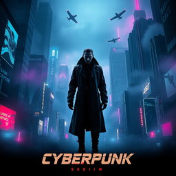 A striking movie poster for a dark future cyberpunk film, featuring a sprawling neon-drenched cityscape at night, dominated by towering skyscrapers with flickering digital billboards