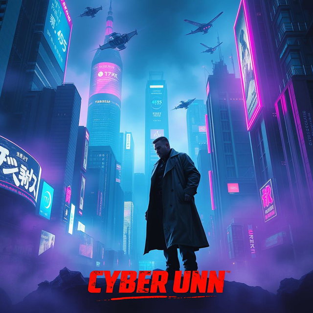 A striking movie poster for a dark future cyberpunk film, featuring a sprawling neon-drenched cityscape at night, dominated by towering skyscrapers with flickering digital billboards
