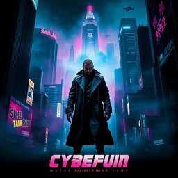 A striking movie poster for a dark future cyberpunk film, featuring a sprawling neon-drenched cityscape at night, dominated by towering skyscrapers with flickering digital billboards