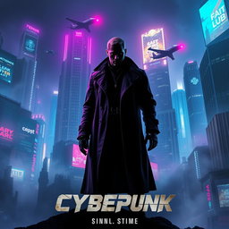 A striking movie poster for a dark future cyberpunk film, featuring a sprawling neon-drenched cityscape at night, dominated by towering skyscrapers with flickering digital billboards