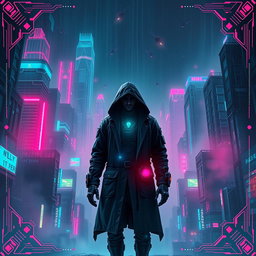 An eye-catching movie poster in a dark future cyberpunk style, showcasing a sprawling urban landscape filled with towering skyscrapers illuminated by vibrant neon lights