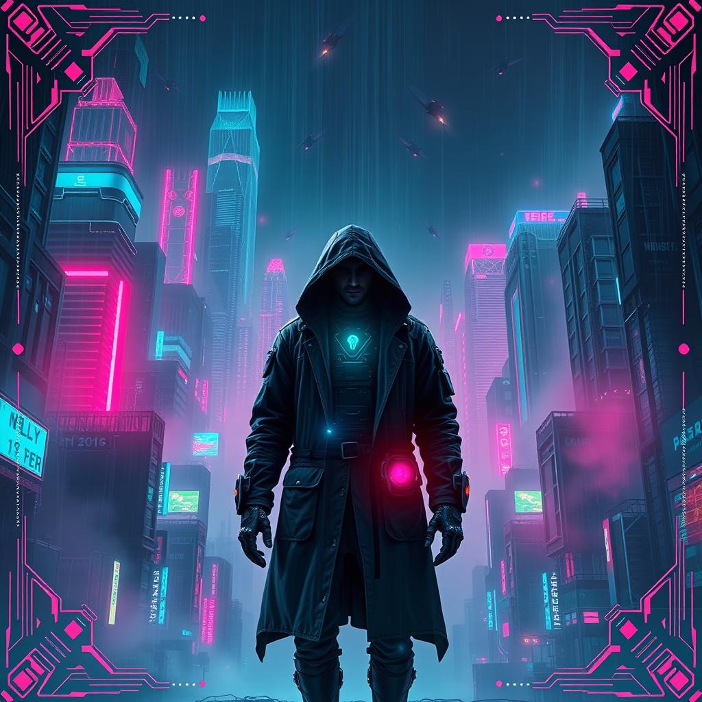 An eye-catching movie poster in a dark future cyberpunk style, showcasing a sprawling urban landscape filled with towering skyscrapers illuminated by vibrant neon lights