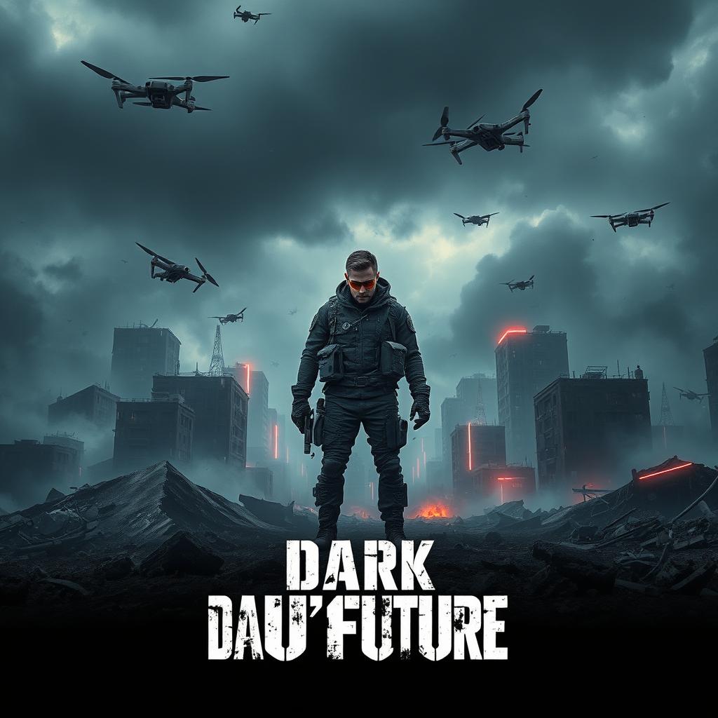 An intriguing movie poster for a dark future film, depicting a dystopian landscape filled with crumbling buildings and a smoky, overcast sky