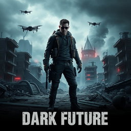 An intriguing movie poster for a dark future film, depicting a dystopian landscape filled with crumbling buildings and a smoky, overcast sky