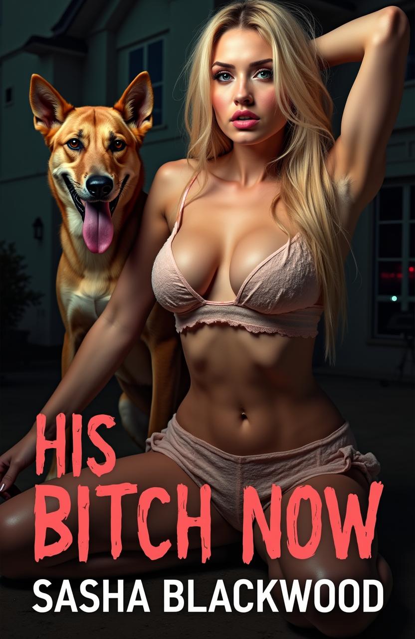 A book cover for 'His Bitch Now' featuring a breathtakingly gorgeous blonde woman with huge, perky breasts barely contained in a tight, revealing tank top