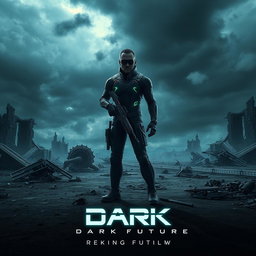 An immersive movie poster for a dark future sci-fi film, depicting a desolate landscape with crumbling structures and an ominous sky filled with dark clouds