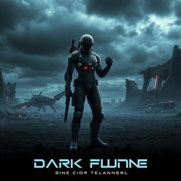 An immersive movie poster for a dark future sci-fi film, depicting a desolate landscape with crumbling structures and an ominous sky filled with dark clouds