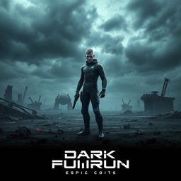 An immersive movie poster for a dark future sci-fi film, depicting a desolate landscape with crumbling structures and an ominous sky filled with dark clouds