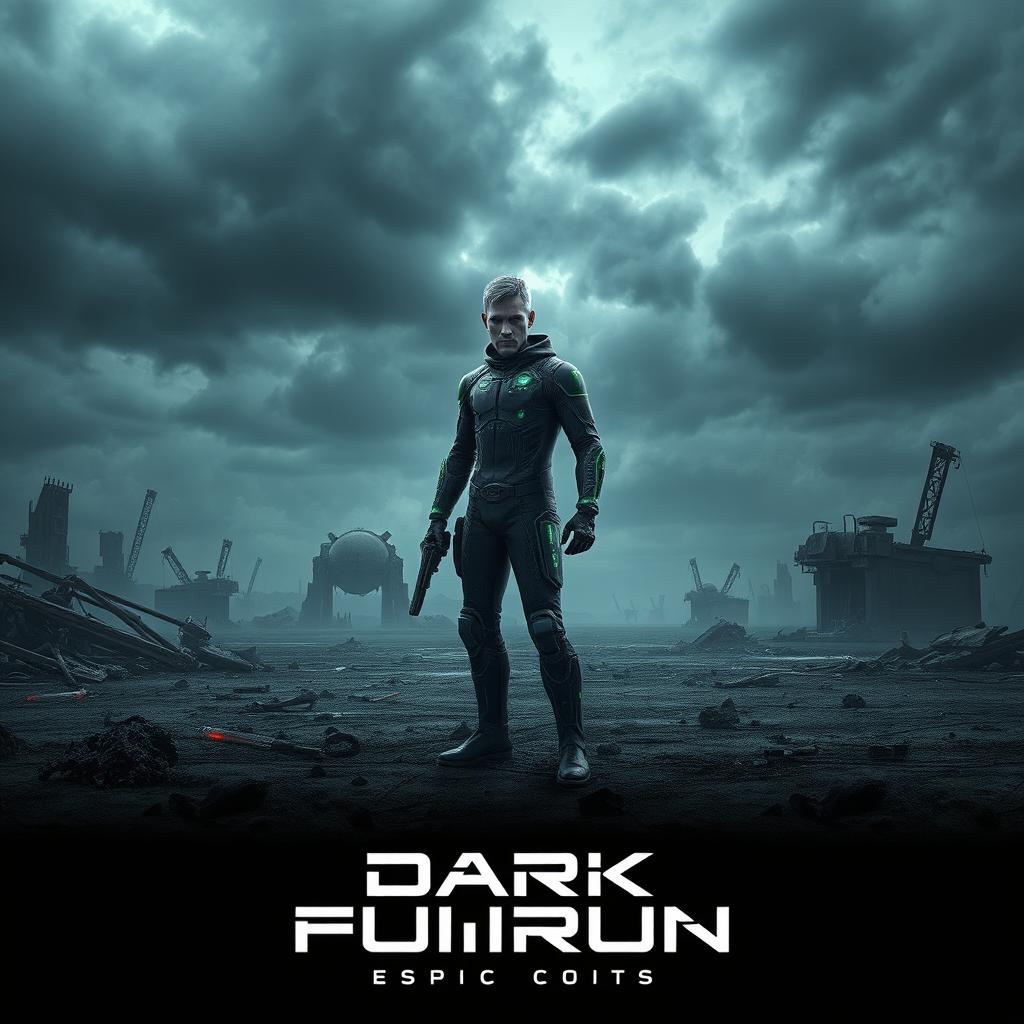 An immersive movie poster for a dark future sci-fi film, depicting a desolate landscape with crumbling structures and an ominous sky filled with dark clouds