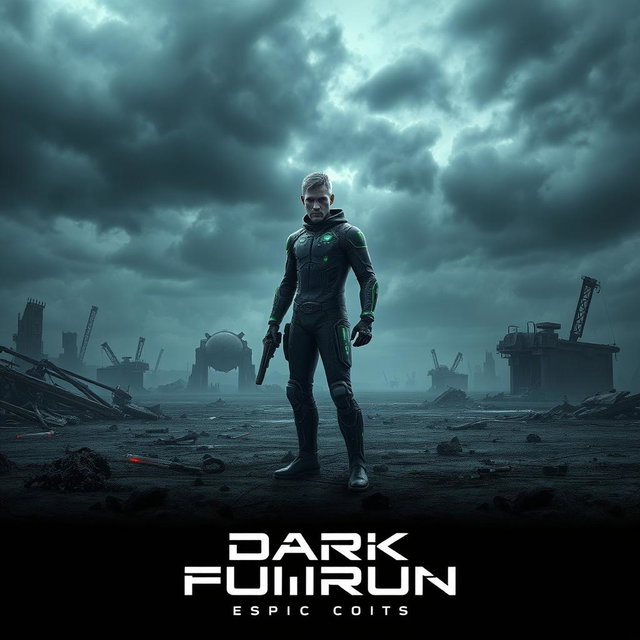 An immersive movie poster for a dark future sci-fi film, depicting a desolate landscape with crumbling structures and an ominous sky filled with dark clouds