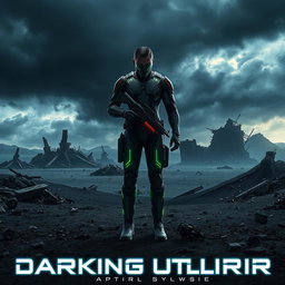 An immersive movie poster for a dark future sci-fi film, depicting a desolate landscape with crumbling structures and an ominous sky filled with dark clouds