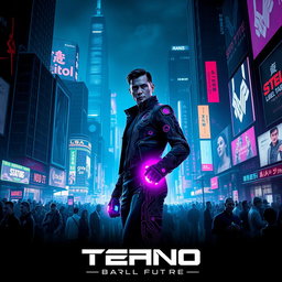 A striking movie poster for a 'dark future' techno-themed film, featuring a dystopian cityscape filled with towering, neon-lit structures and digital billboards flickering ominously in the night