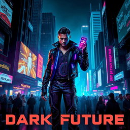 A striking movie poster for a 'dark future' techno-themed film, featuring a dystopian cityscape filled with towering, neon-lit structures and digital billboards flickering ominously in the night