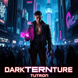 A striking movie poster for a 'dark future' techno-themed film, featuring a dystopian cityscape filled with towering, neon-lit structures and digital billboards flickering ominously in the night