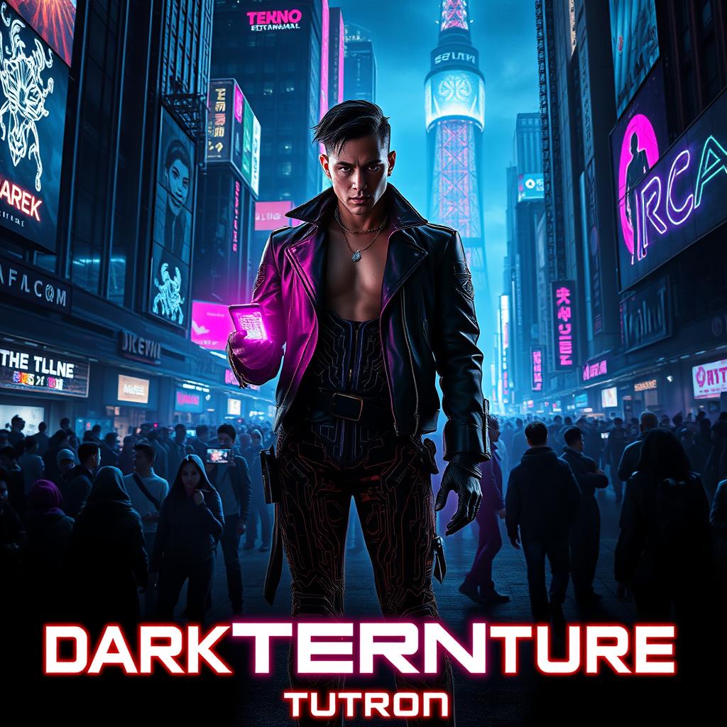 A striking movie poster for a 'dark future' techno-themed film, featuring a dystopian cityscape filled with towering, neon-lit structures and digital billboards flickering ominously in the night