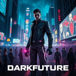 A striking movie poster for a 'dark future' techno-themed film, featuring a dystopian cityscape filled with towering, neon-lit structures and digital billboards flickering ominously in the night