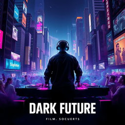 An electrifying movie poster for a 'dark future' DJ-themed film, featuring an urban landscape filled with towering skyscrapers adorned with vibrant neon lights and holographic advertisements