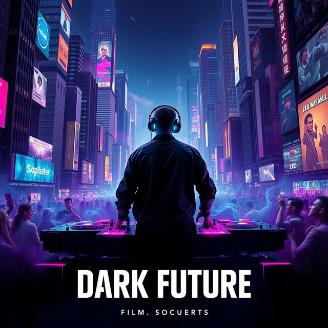 An electrifying movie poster for a 'dark future' DJ-themed film, featuring an urban landscape filled with towering skyscrapers adorned with vibrant neon lights and holographic advertisements