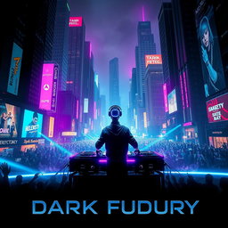 An electrifying movie poster for a 'dark future' DJ-themed film, featuring an urban landscape filled with towering skyscrapers adorned with vibrant neon lights and holographic advertisements