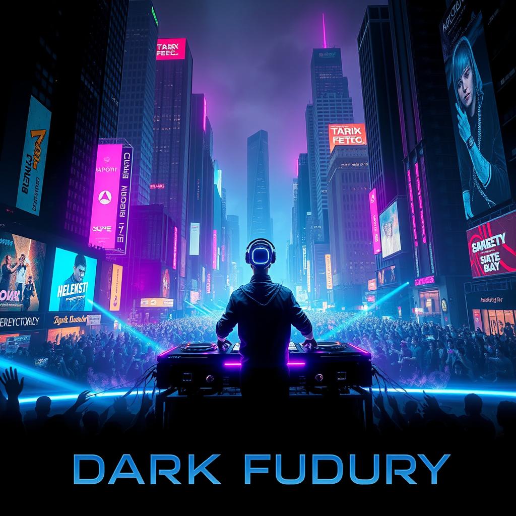 An electrifying movie poster for a 'dark future' DJ-themed film, featuring an urban landscape filled with towering skyscrapers adorned with vibrant neon lights and holographic advertisements