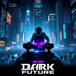 An electrifying movie poster for a 'dark future' DJ-themed film, featuring an urban landscape filled with towering skyscrapers adorned with vibrant neon lights and holographic advertisements