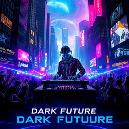 An electrifying movie poster for a 'dark future' DJ-themed film, featuring an urban landscape filled with towering skyscrapers adorned with vibrant neon lights and holographic advertisements