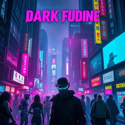 A captivating movie poster for a 'dark future' cyberpunk film, featuring a dense urban environment filled with towering skyscrapers enveloped in colorful neon lights and digital advertisements