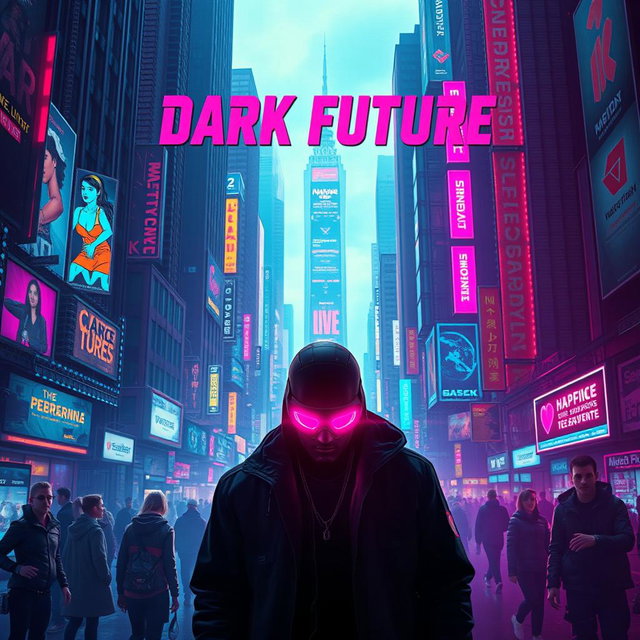 A captivating movie poster for a 'dark future' cyberpunk film, featuring a dense urban environment filled with towering skyscrapers enveloped in colorful neon lights and digital advertisements