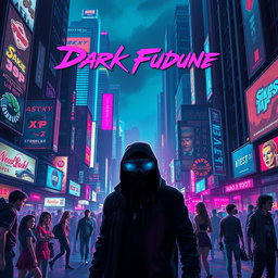 A captivating movie poster for a 'dark future' cyberpunk film, featuring a dense urban environment filled with towering skyscrapers enveloped in colorful neon lights and digital advertisements